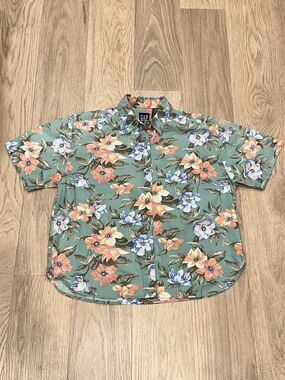 Gap Vintage 90s Hawaiian Floral Camp Shirt Green Blue Aloha Hibiscus Womens S